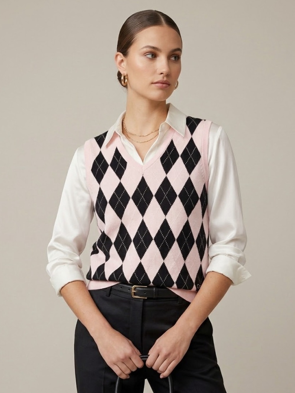 Casall Argyle V-Neck Sweater Vest Knit Pink Black Small